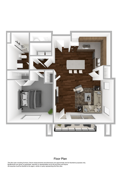 Floor plan for 1 bed, 1 bath, 755 sqft